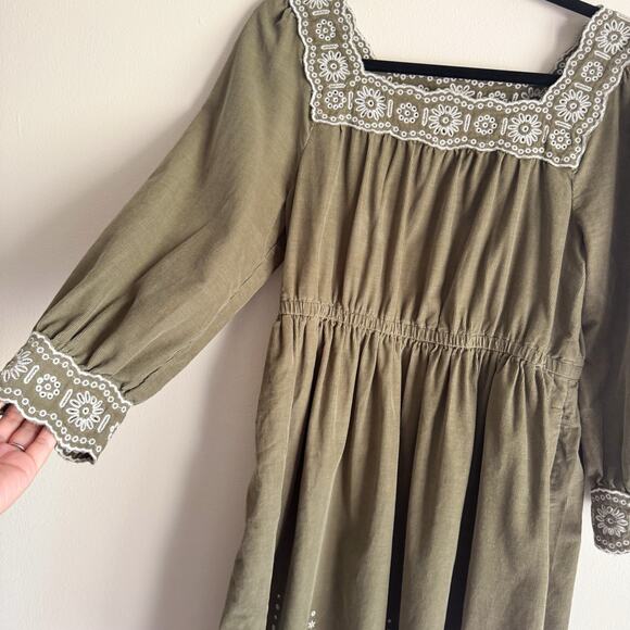 Madewell Green + White Embroidered Corduroy Square Neck Boho Mini Dress - Medium - Picture 3 of 11